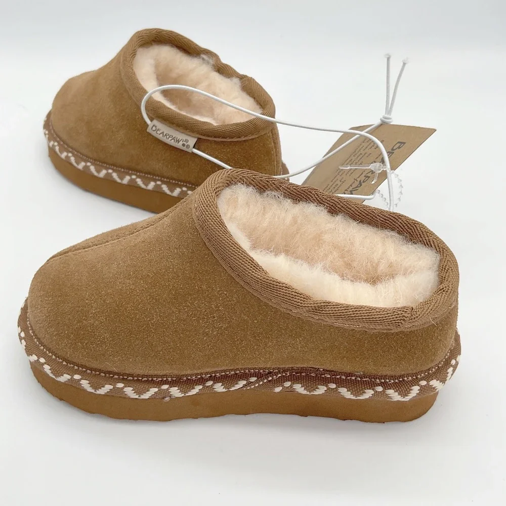 Bearpaw Toddler Hickory Brown Suede Wool Lined Slippers Embroidered Trim Size 6
